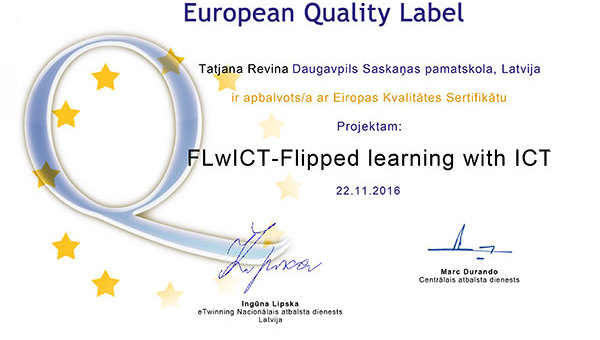 Daugavpils Saskaņas pamatskolai ir piešķirts Eiropas kvalitātes sertifikāts!